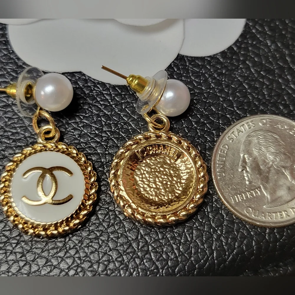Custom-Made Gold & White CC Drop Earrings with Pearl Stud